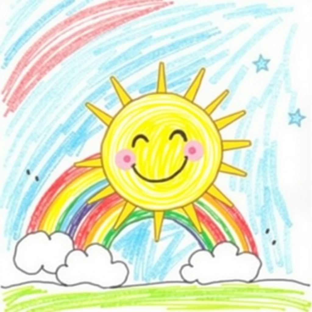 Kid's drawing of a rainbow and sun